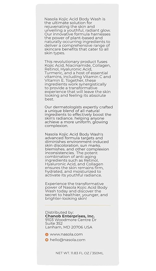 Nasola Kojic Acid Body Wash – Turmeric & Vitamin C Brightening Cleanser, Moisturizing Exfoliating Shower Gel for Women & Men – 11.8 fl oz
