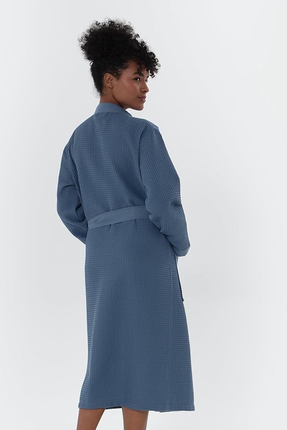 SEYANTE Women’s Luxury Waffle Shawl Collar, Hooded Robe w Piping – Lightweight, Long, Ultra Soft Spa Sleepwear Bathrobe