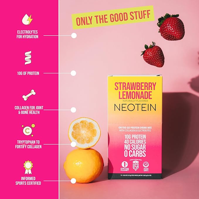 NEOTEIN: Electrolyte Powder Packets, Protein Powder with 10g Protein & Collagen | Hydration Packets - Zero Sugar, NO Fillers, NO Carbs | Strawberry Lemonade | 40 Calories | Keto & Paleo | Pack of 15