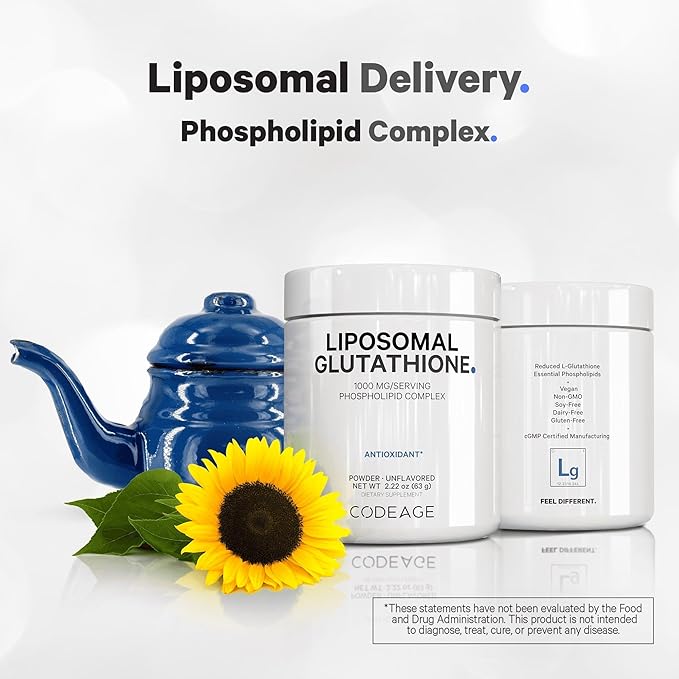 Codeage Liposomal Glutathione Powder - 1,000 mg Vegan Reduced L-Glutathione per Serving, Liposomal Delivery - 2-Month Supply - Unflavored - Phospholipid - Non-GMO Gluten-Free - 2.22 Oz