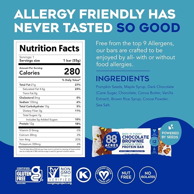 88 Acres Vegan Seed Protein Bar | 12g Plant Based Protein Per Bar, Gluten Free, Nut Free, Non GMO, School Safe, No Palm Oil | 9 Pack, 1.9 oz (Dark Chocolate Brownie)
