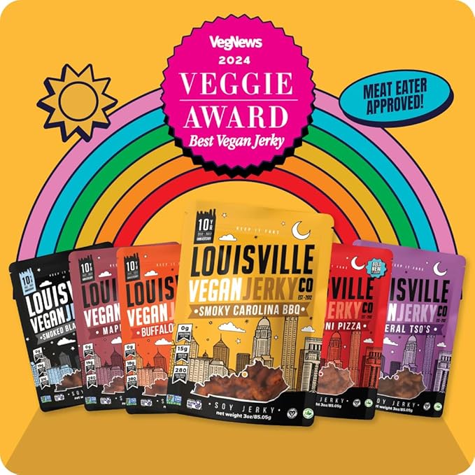 Louisville Vegan Jerky Co. Limited Variety Bundle Vegan Jerky 3 oz. 5 pack (Smoky Carolina BBQ, Buffalo Hot Wing, Maple Bacon, Smoked Black Pepper, General Tso)