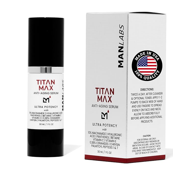 Titan MAX Anti-Aging Face Serum for Men – Ultra Potency Mens Face Moisturizer – Men, Dark Spots, Wrinkles, Fine Lines – Vitamin C & E, 10% Niacinamide, Hyaluronic Acid – Unscented
