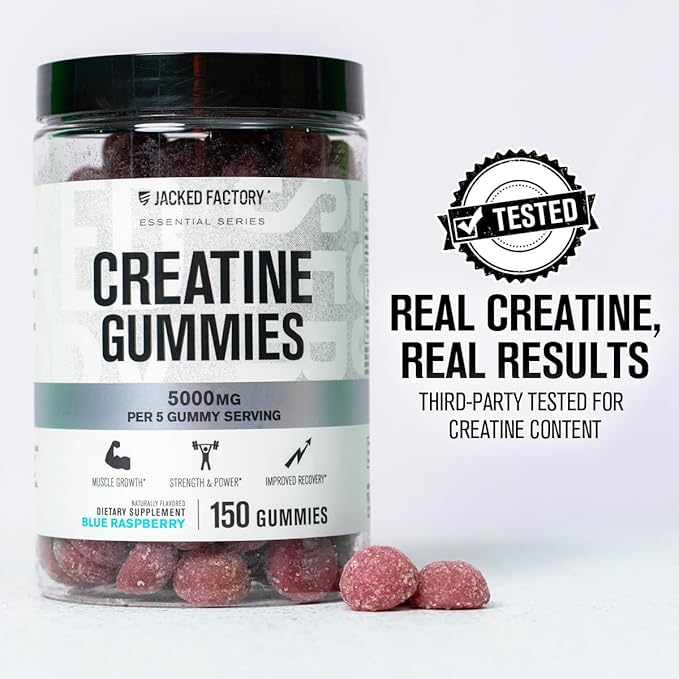 Jacked Factory Creatine Monohydrate Gummies 5g Daily Dose (1g per Gummy) - Creatine Gummy for Men and Women, Vegan-Friendly, Travel-Friendly, Third-Party Tested - 150 Gummies, Blue Raspberry