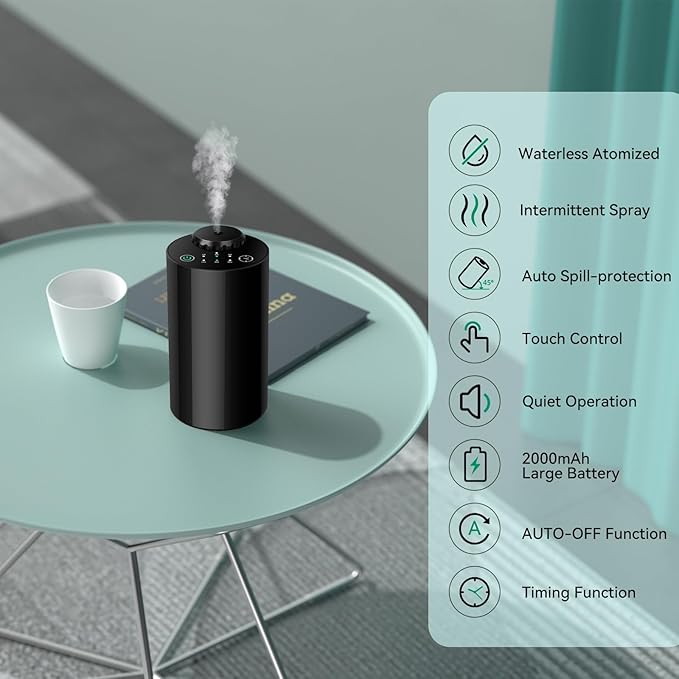 Waterless Essential Oil Diffuser Aromatherapy Scent Diffuser for Home Large Room, Bedroom, Car, Office, Desk, Battery Operated Mini Portable Air Freshener,4 Timers & 3 Mist Levels (Black)