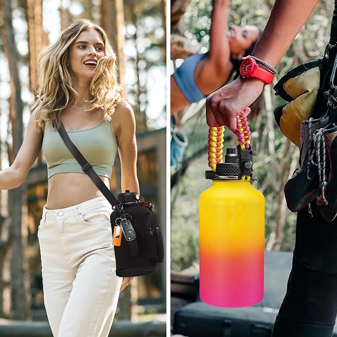 Half Gallon Water Bottle Insulated - 64 oz Water Bottle with Straw Spout Lid, Strap Carrying Sleeve, Paracord Handle, Leak Proof Metal Water Flask for Workout Sport Hiking Gym,Thermo Mug