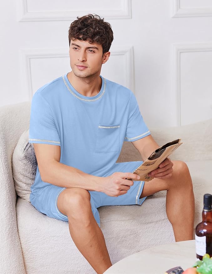 Ekouaer Men's Pajamas Set Casual Short Sleeve Shirts and Shorts Soft 2 Piece Loungewear With Pockets