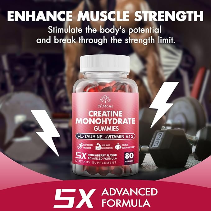 Creatine Monohydrate Gummies - 5g for Men & Women, 160 Count and Creatine Chewable Supplements for Muscle Gain, Muscle Strength, Energy Boost, and Muscle Builder, Sugar Free, Vegan (Strawberry)
