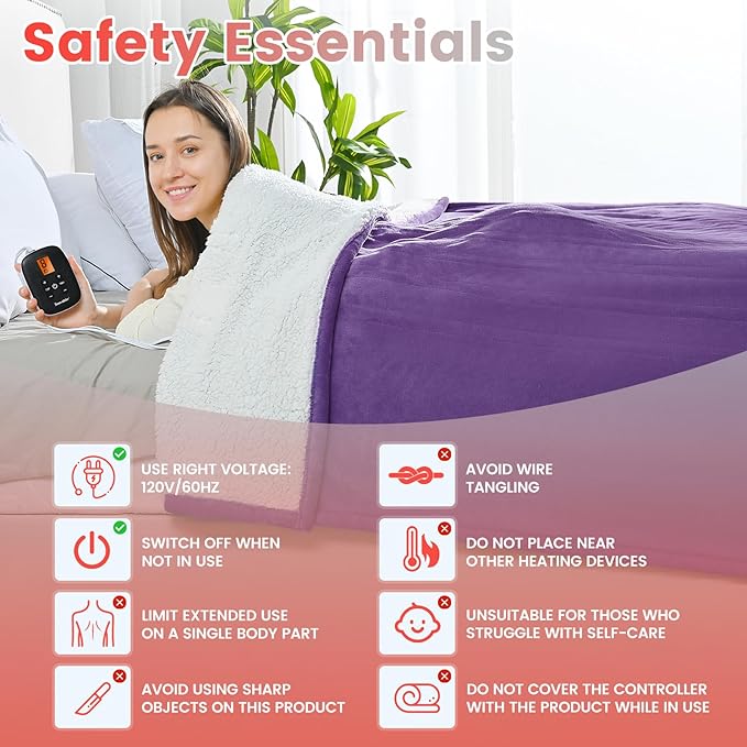 Sunable Heated Electric Blanket - Machine Washable Blanket with Time Settings 10 Heat Settings Queen Size 84×90 inches Purple - Velvet & Sherpa