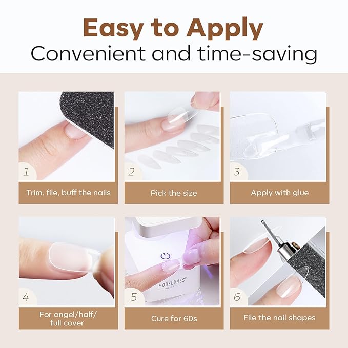 modelones Short Almond Nail Tips, Pre-shaped Soft Gel Tips Fake Nails False Acrylic Clear Full Cover Press on Extension Kit Gel Manicure DIY at Home 216PCS 12Sizes