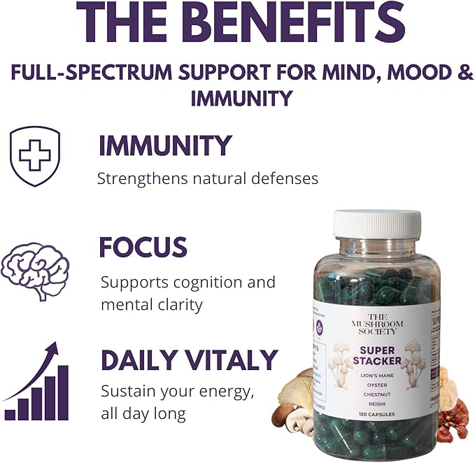 Super Stacker - 4-in-1 Mushroom Supplement Wellness Blend - Lion’s Mane, Oyster, Chestnut & Reishi - Immune, Focus & Daily Vitality - 60 Vegan Capsules