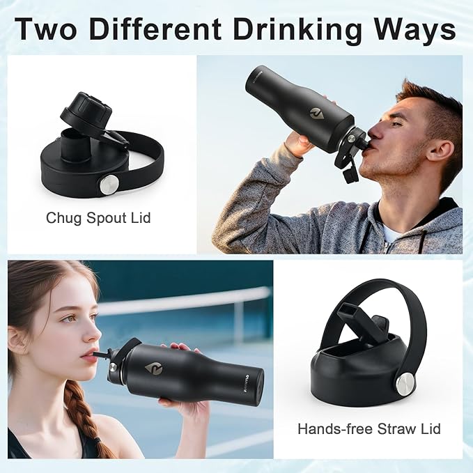 40 oz Insulated Water Bottle with Straw fit in Car Cup Holder, Triple Wall Vacuum Stainless Steel(Cold 48 hrs, Hot 24 hrs), Leakproof & Non-BPA, Hydro Travel Flask with Straw and Spout Lid