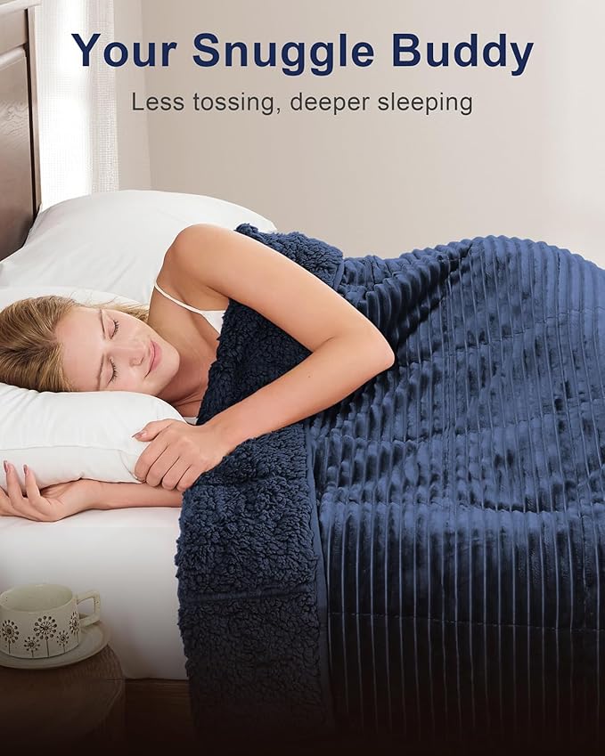 Sherpa Fleece Adult Weighted Blanket 20lbs with Ribbed Stripes, Dual Sided Fuzzy Warm Blanket for Couch Bed Sofa, Heavy Thick Blankets with Ceramic Beads Great for Sleep, Navy Blue, 60" x 80"
