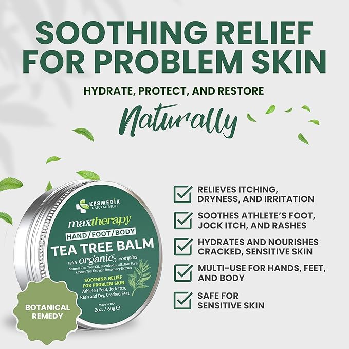 Tea Tree Oil MaxTherapy Balm, Itchy Skin Relief, Soothing for Rashes, Jock Itch, Athlete’s Foot, Chafing, Insect Bites, Folliculitis, Dry Sensitive Skin, Effective & Safe for All Ages, 2-Pack