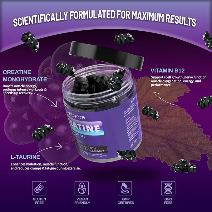 Creatine Monohydrate Gummy - 5000mg per Serving, 120 Count - Supports Muscle Strength, Endurance, and Energy - Delicious Blackcurrant Flavor - Gluten-Free, Vegan-Friendly