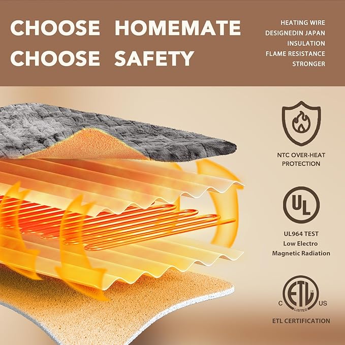 Homemate Heated Blanket Electric Throw - 50"x60" Heating Blanket Throw 1/2/4/6/8 Hours Auto-Off 10 Heat Levels Over-Heat Protection Luxury Faux Fur Sherpa ETL Certification