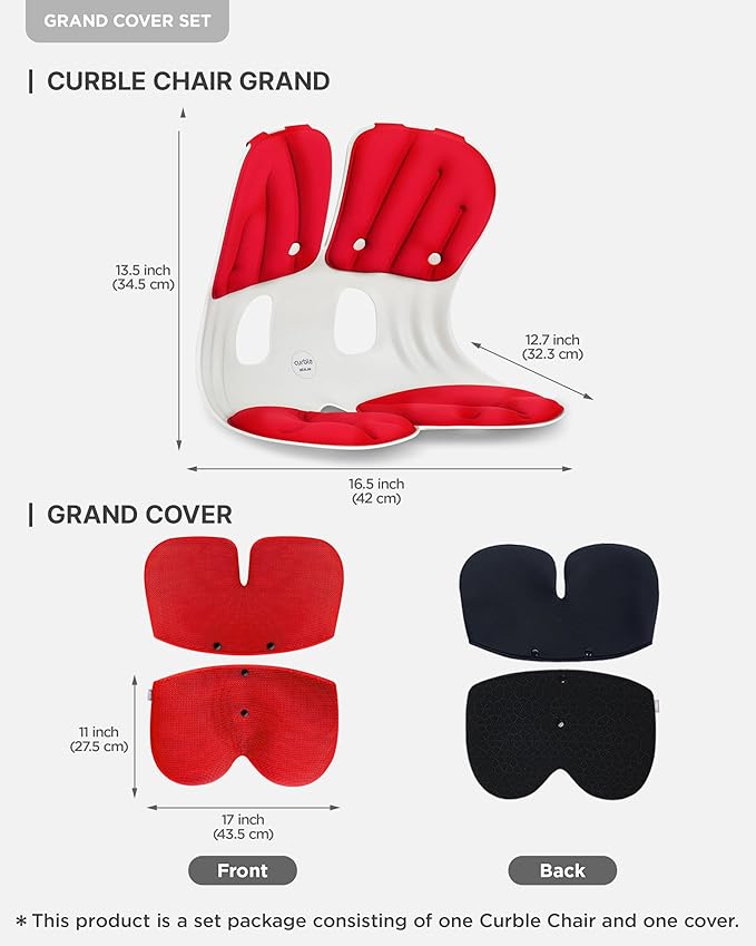 curble Grand(Extra Wide&Sturdy) Cover Set – Ergonomic Back Support Chair & Detachable Cover, Lumbar Support for Posture Corrector and Low Back Pain Relief, Perfect for Home Office Desk Chair(Set Red)