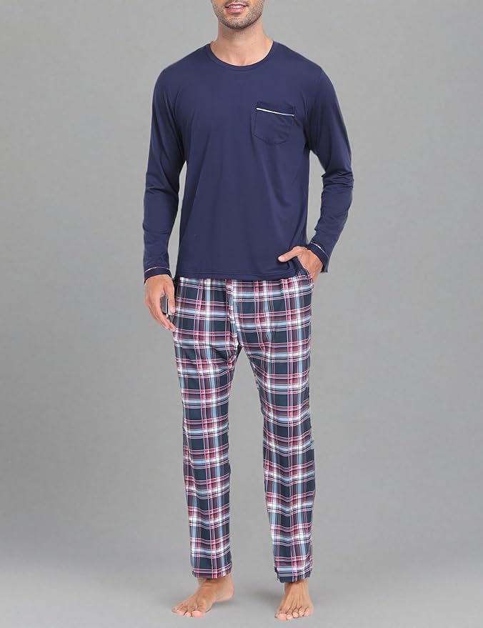 MoFiz Men's Pajamas Plaid Sets Sleepwear Sleep Long Sleeve Shirts and Pants Pajama Set Soft Mens Pjs Lounge Set with Pockets