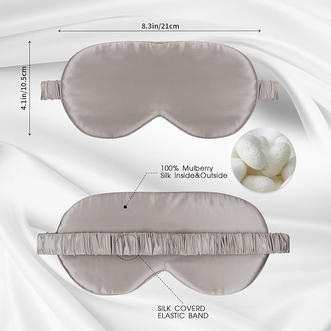 Silk Sleeping Mask for Travel/Plane/Side Sleeper Pure Mulberry Silk Eye Mask for Sleep/Men/Women/Adults Thin Cooling Eye Cover,Grey