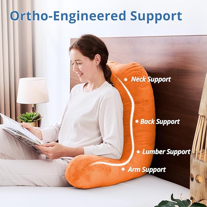 Sasttie 25-inch Reading Pillows for Sitting in Bed Adult, Jumbo Velvet Back Pillow Bed Sitting Up, XL High Back-Rest Support Cushion for Sit Up on Couch & Floor, Oeko-Tex Certified, Orange