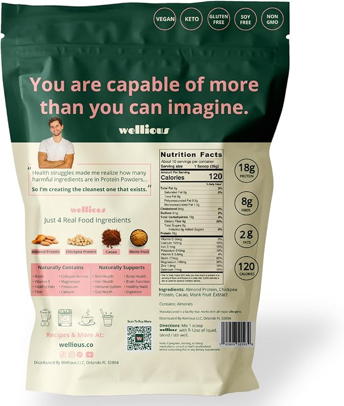 wellious Clean Vegan Protein Powder Chocolate - Plant Based Protein Powder Dairy Free for Gut Health, No Sodium, High Fiber, Keto Friendly, Non Dairy, Lactose Free