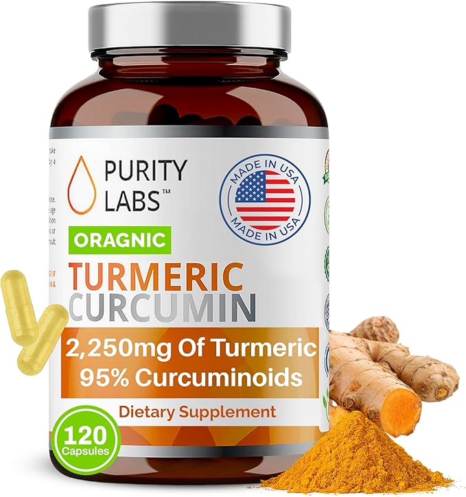 Purity Labs Organic Turmeric Curcumin Supplement with Piperine 2,250 MG/Serving | 95% Curcuminoids Turmeric Supplements, Antioxidant Joint Pain Relief, Muscle & Brain Support | Non-GMO - 120 Capsules