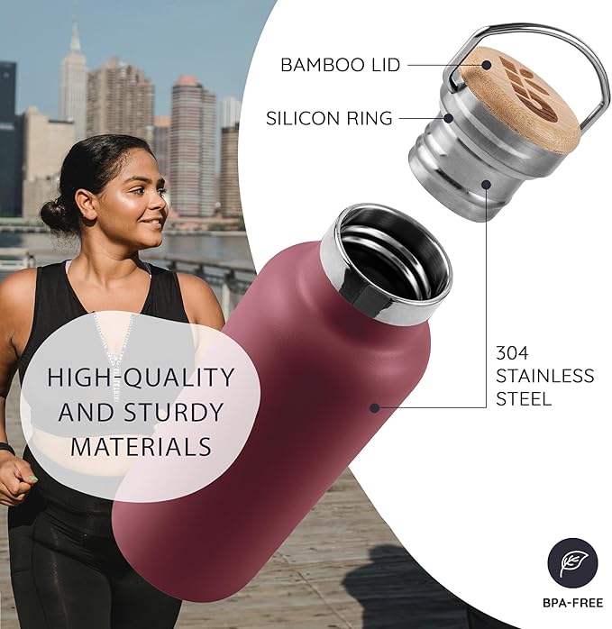 Bambaw 12 oz Insulated Water Bottle with Handle, Wide Mouth Insulated Water Bottle Red, Stainless Steel Water Bottle, Metal Water Bottle Double Wall Insulated, Small Water Bottle Reusable – Red Berry