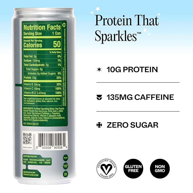 VUUM Sparkling Clear Protein - 10G Plant Protein, Natural Caffeine + Theanine, Sugar Free (Watermelon Key Lime)