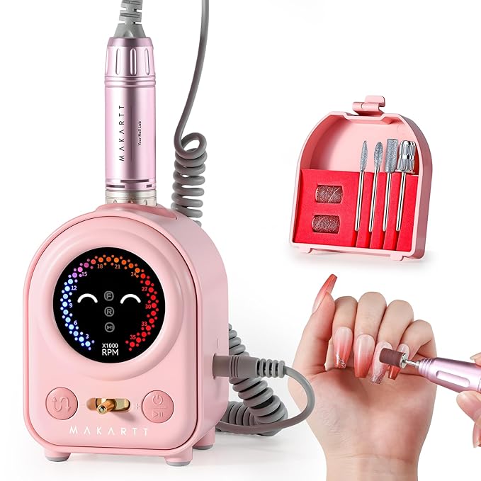 Makartt Electric Nail Drill - Professional 35000RPM E-File Machine Portable Nail Drill Kit with Drill Bits,Cute Compact Efile Salon Use Low Noise Manicure Pedicure for Acrylic Gel Nails Pink