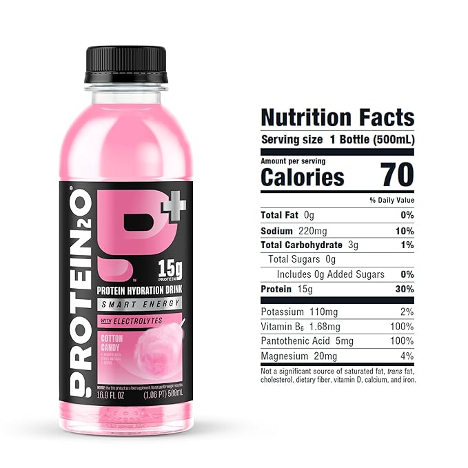 Protein2o 15g Whey Protein Isolate Hydration Drink Plus Energy & Focus, 350mg of Electrolytes, Vitamins B5 & B6, Sugar Free, Cotton Candy, 16.9 oz Bottle (Pack of 12)