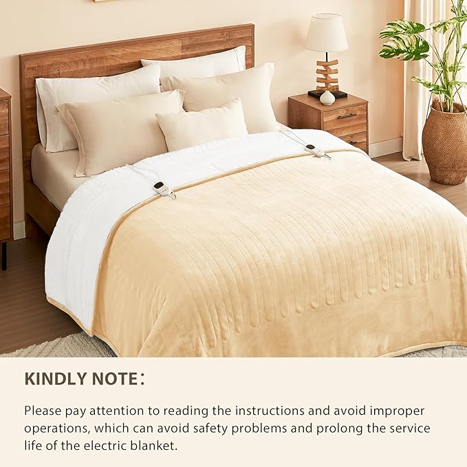 Homemate Heated Electric Blanket Queen Size - 84"x90" Heating Bed Blanket Throw with 10 Heating Levels 8 Hours Auto Off Fast Heating Over-Heat Protection Ultra Soft Flannel ETL Certified, Beige