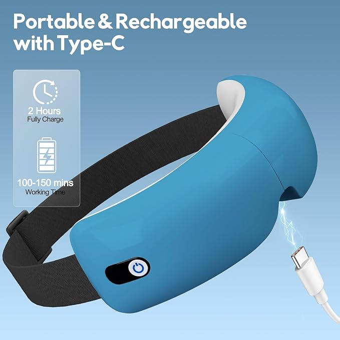 Eye Massager with Heat and Air Compression, Gift for Mon, Eye and Temple Massage Therapy with Vibration and Music for Migraines, Eye Fatigue Relief, Dry Eyes Strain, Blue