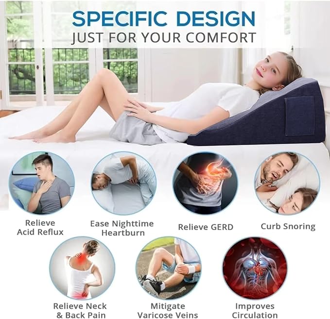 Bed Reading Pillow - Sofa Bed Wedge Pillow - Post-Op Recovery Backrest Pillow - Working Lumbar Support Reading Pillow with Removable Pillowcase Dark Blue 27x20x12in