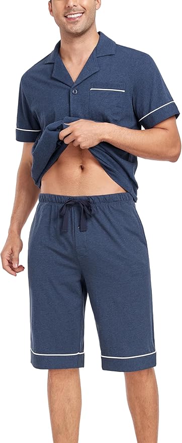 COLORFULLEAF Men's 100% Cotton Short Sleeve Pajama Sets Button Down Notched Collar Sleepwear Soft Lounge Pjs with Pockets