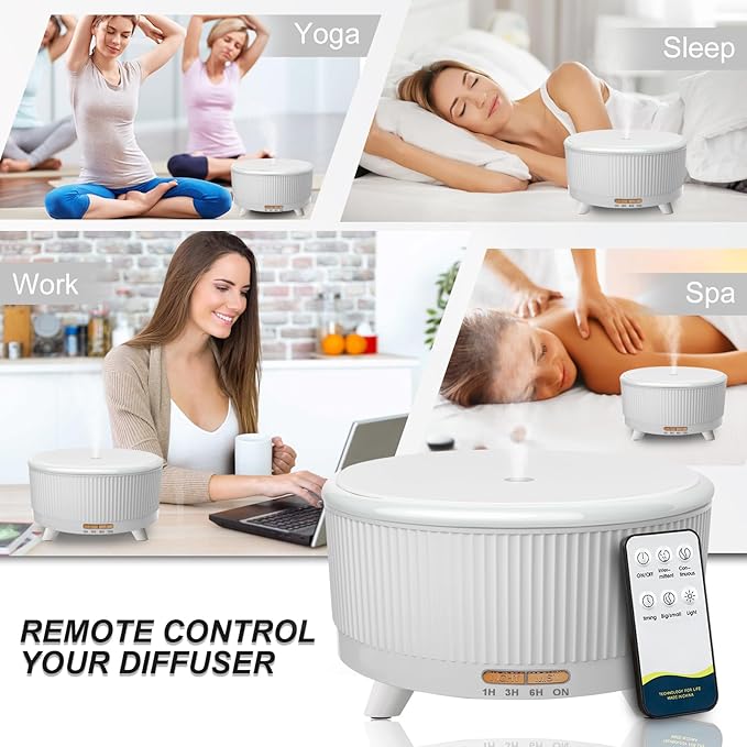 Diffusers for Essential Oils Large Room, 500ml Aromatherapy Diffuser Cool Mist Humidifier with Remote Control,7 Colors Lights & 3 Mist Mode Waterless Auto Off for Women Office Home W
