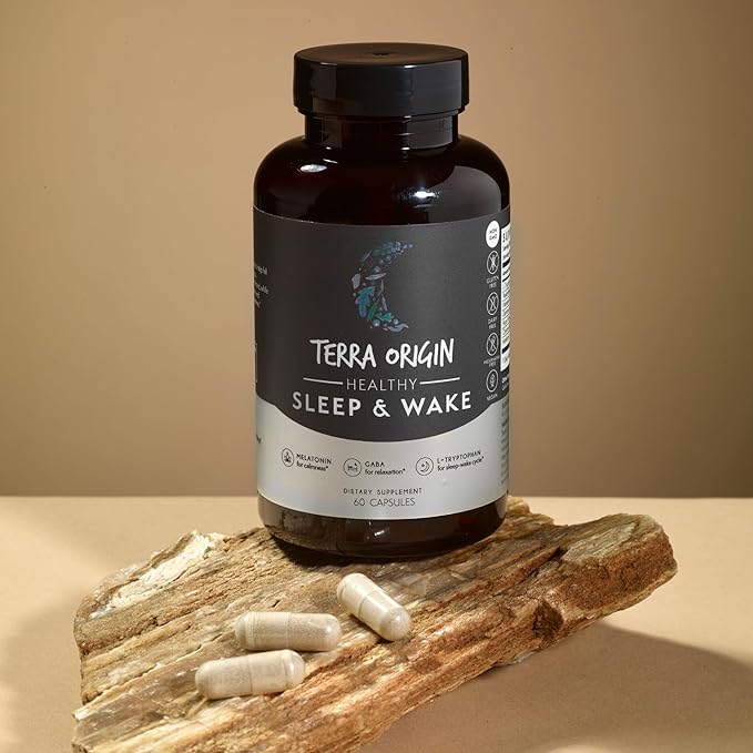 TERRA ORIGIN Healthy Sleep & Wake | Natural Sleep Aid Supplement for Adults | Restful and Awake Refreshed | GABA, L-Tryptophan, Melatonin, Chamomile, Valerian, PassionFlower | 60 Capsules