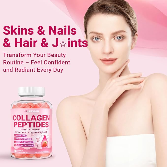 Collagen Gummies for Women - Sugar-Free Hydrolyzed Collagen Gummy with Biotin, Hyaluronic Acid & MultiVitamins, Type I, II, III, V & X Collagen Peptides - Promote Skin/Hair/Nail/Bones, 60 Cts