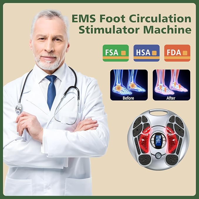 EMS Foot Massager for Neuropathy, TENS Electronic Muscle Circulation Stimulator with 4 Electrode Pads,Relieves Swelling, Fatigue, Plantar Fasciitis Silver