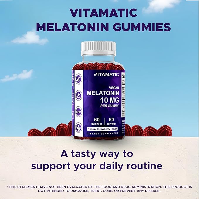 Vitamatic Melatonin 10 mg Vegetarian Gummies – Non-Habit Forming – 60 Gummies per Bottle – 2-Pack (Total 120 Vegan Gummies)