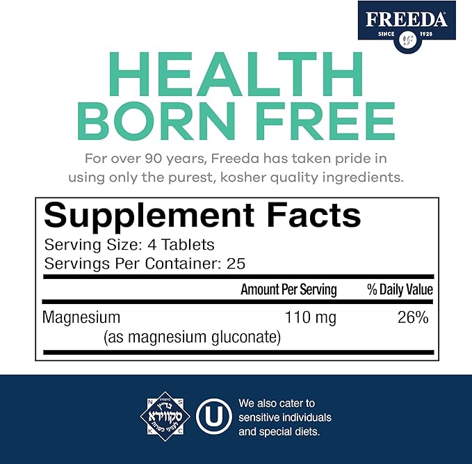 Freeda Magnesium Gluconate – Gentle & Highly Absorbable Magnesium for Bone, Nerve & Muscle Function – Vegan Magnesium Supplement (500 Tablets)