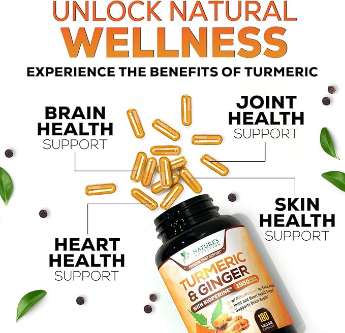 Turmeric Curcumin Supplement 1950mg - 95% Curcuminoids with Organic Turmeric & Ginger, BioPerine Black Pepper for Best Absorption, Nature's Vegan Joint Support, Non-GMO, Bottled in USA - 120 Capsules