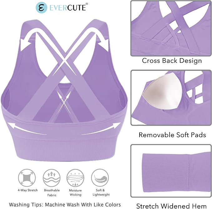 Evercute Sports Bra for Women Padded Medium Support Criss Cross Strappy Bras Seamless High Impact Yoga Exercise Athletic Bras