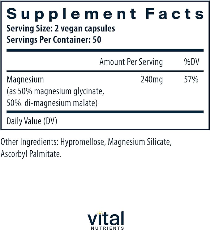 Vital Nutrients Magnesium Glycinate + Malate | 120mg Vegan Magnesium Supplement for Women and Men | Muscle, Heart, Bone Support* | Promotes Relaxation | Gluten, Dairy and Soy Free | 100 Capsules