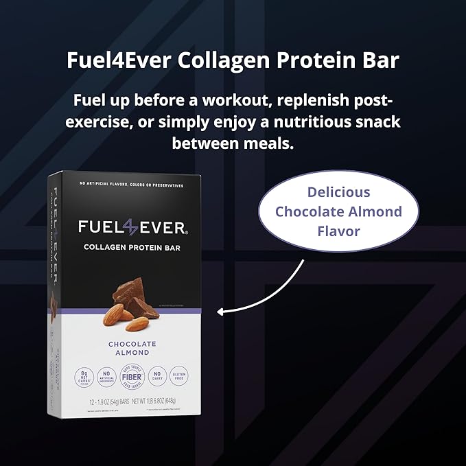 Fuel4Ever Collagen Protein Bars | 14G protein, Gluten Free, Dairy Free, No Stevia or Artificial Ingredients Added, Sweeteneed with Honey | Box of 12 Chocolate Almond Flavor
