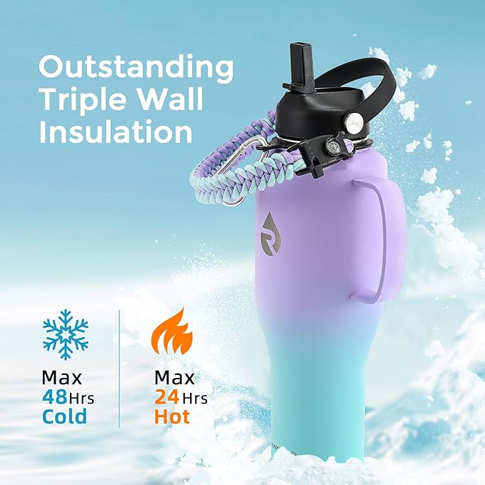 Insulated Water Bottle 40oz (Cold for 48 Hrs), Stainless Steel Water Bottle with Handle & Straw Lid & Paracord Handle, Triple Wall Vacuum Leakproof Travel Flask, Fit in Any Car Cup Holder