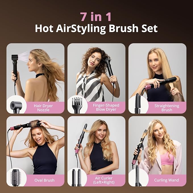 7-in-1 Hair Dryer Brush & Hair Styler, Fast Drying Blow Dryer & Curling StylingTool, Hot Air Styler No Heat Damage, Powerful Multi-Styler for Curling Volumizing Straightening Styling (Blush Pink)