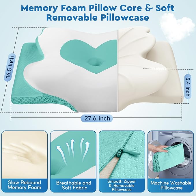 Cervical Neck Pillow, Memory Foam Neck Support Pillows for Sleeping, Shoulder Pillow for Side Sleepers, Back Stomach Sleepers, CertiPUR-US Certified, King Size, Green