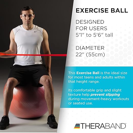THERABAND Exercise Ball, Stability Ball with 55 cm Diameter for Athletes 5'1" to 5'6" Tall, Standard Fitness Ball for Posture, Balance, Yoga, Pilates, Core, & Rehab, Red
