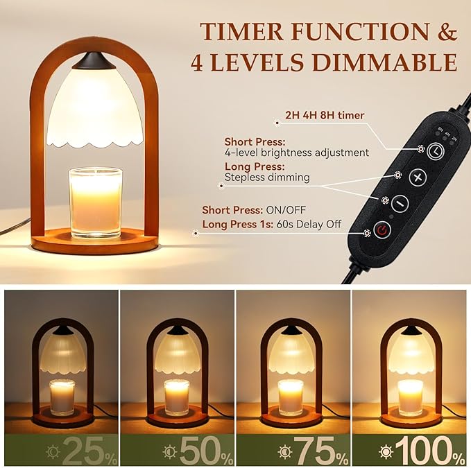 Candle Warmer Lamp with Timer and Dimmer,Electric Candle Lamp Warmer for Jar Candles,Birthday Gifts for mom and Women, Bedroom Home Decor,Melt Warmer for Scented Wax with 3 Bulbs( Retro Wooden Base)