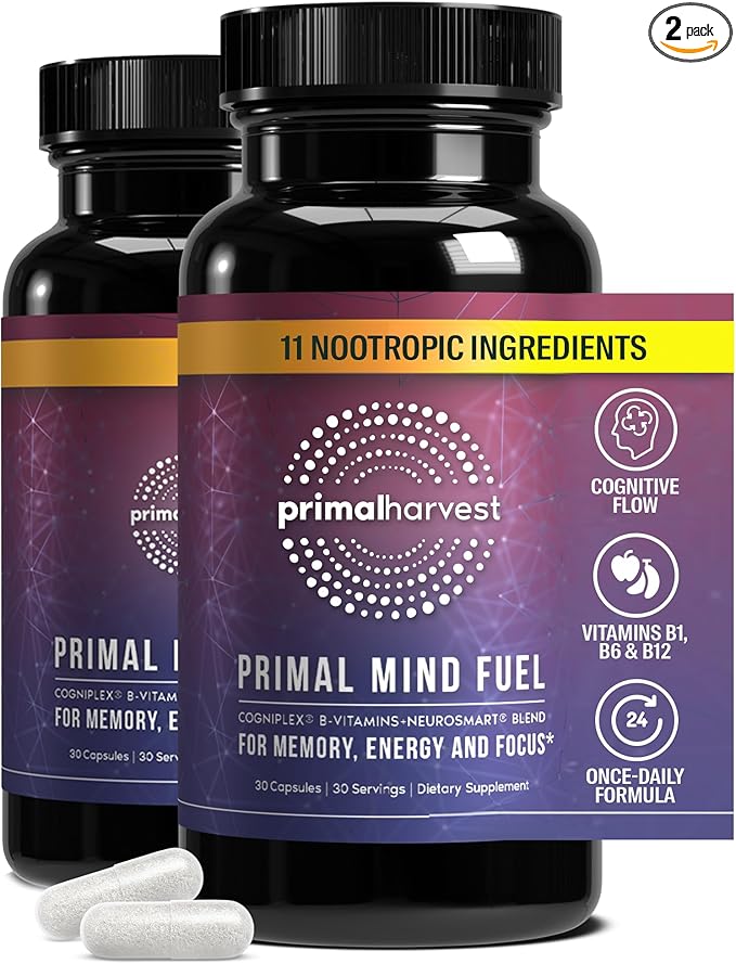 2 Pack, Primal Mind Fuel Brain Booster for Focus, Energy, Clarity, Memory Brain Health 30 Capsules Nootropics Brain Support Supplement for Men and Women